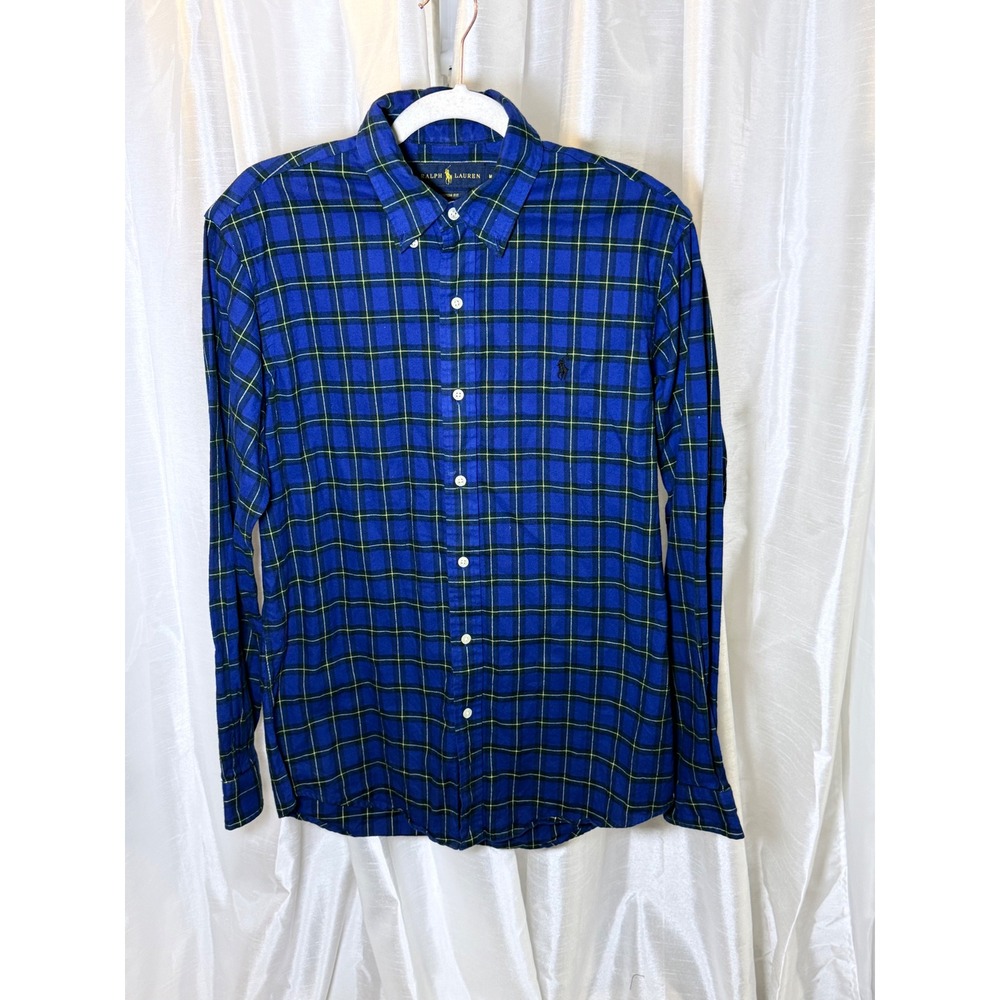 Ralph Lauren Button Down Shirt Mens Medium Blue Plaid Custom Fit Long Sleeve